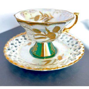 VTG Tea Cup & Saucer Gold Encrusted Iridescent Luster Pierced Metasco Japan